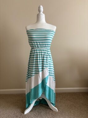 bebe Aqua and White Strapless Striped Hi-Low Maxi Dress